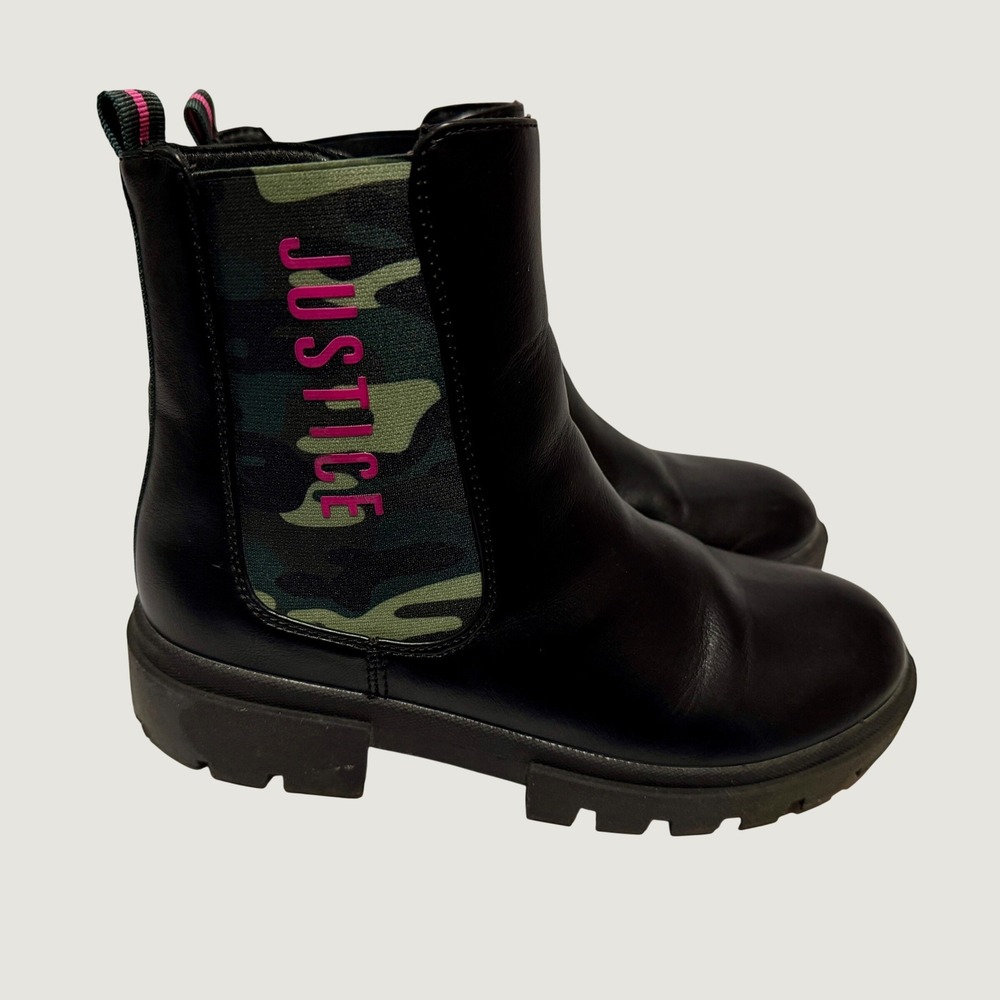 Justice Girls Black Camo Combat Boots Pink Logo Side Zip Lug Sole Size 4